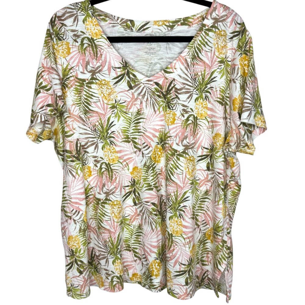 J. Jill White pink yellow & green pineapple & palms short sleeve shirt Size XL